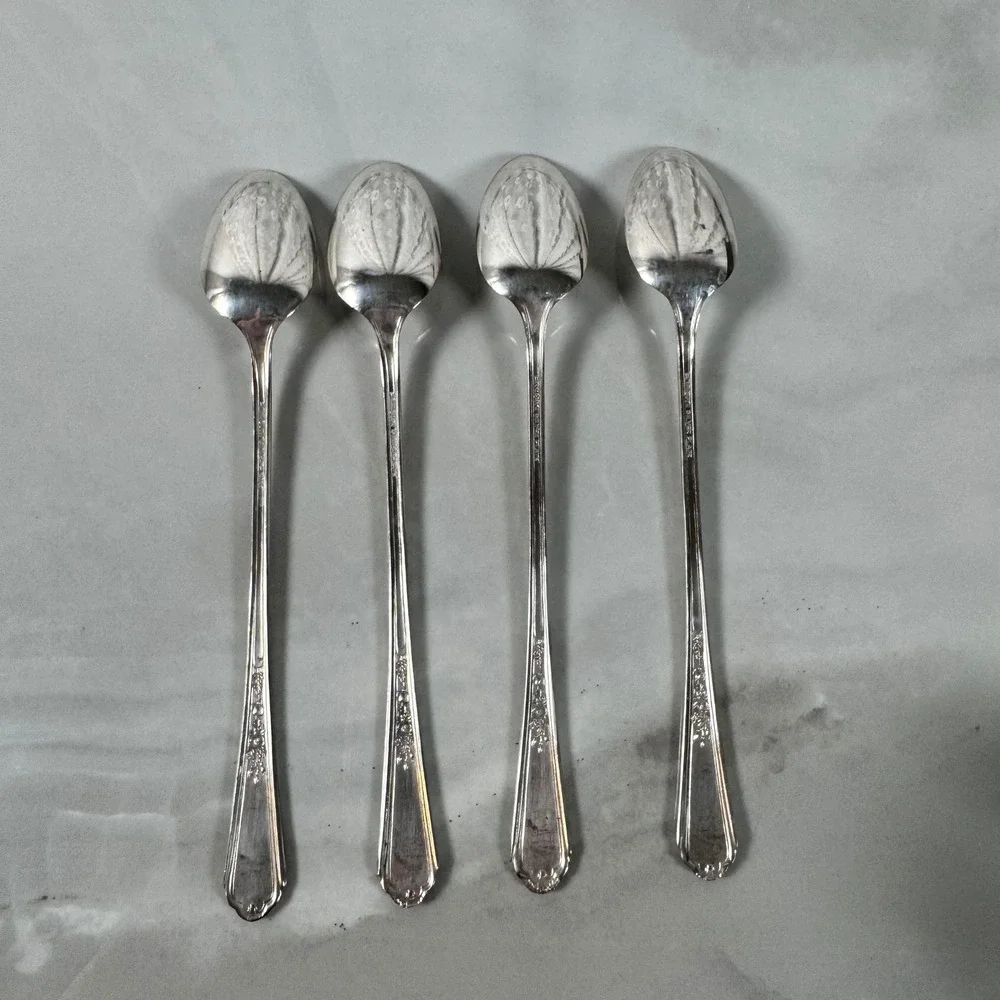Set of 4 Plymouth Silver Plate Long Iced‎ Tea Spoons Jewel Rose Cottagecore